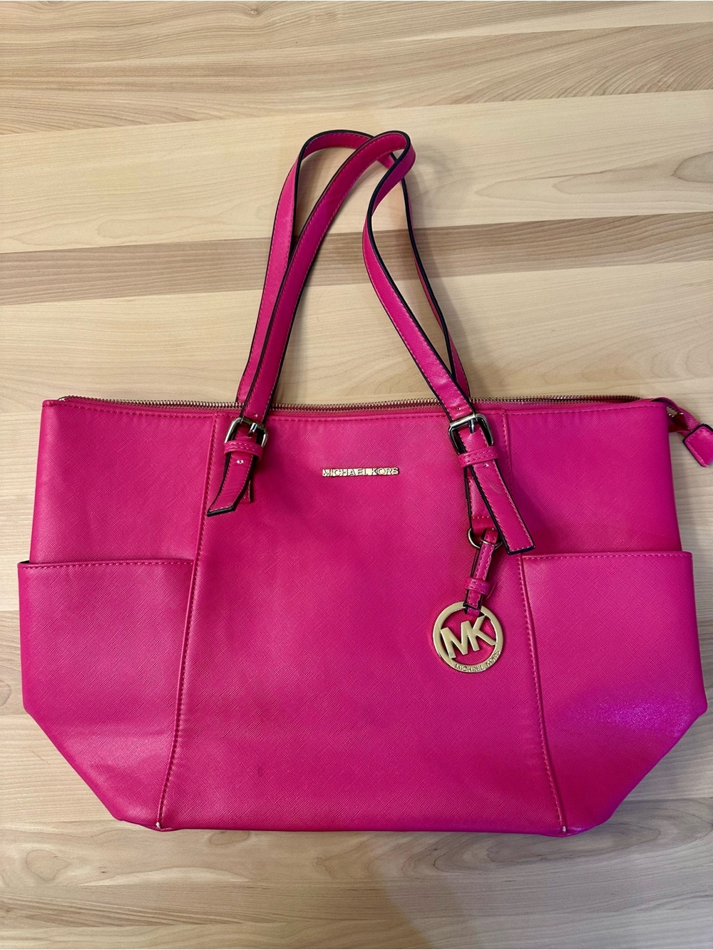 Michael Kors Hot Pink Saffiano Leather Large Tote Bag MK Charm